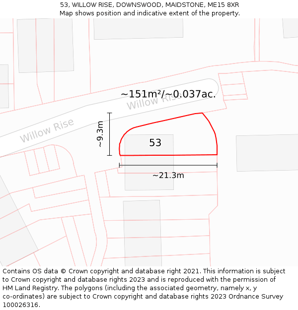 53, WILLOW RISE, DOWNSWOOD, MAIDSTONE, ME15 8XR: Plot and title map
