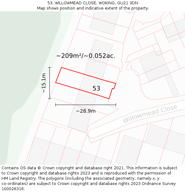 53, WILLOWMEAD CLOSE, WOKING, GU21 3DN: Plot and title map