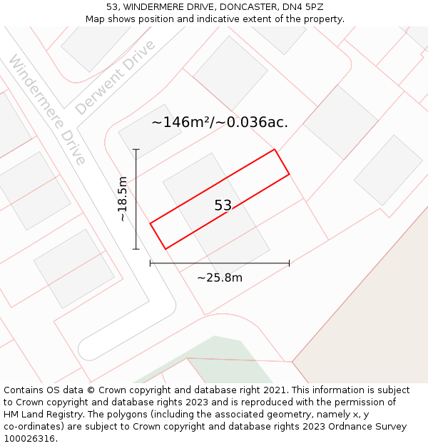 53, WINDERMERE DRIVE, DONCASTER, DN4 5PZ: Plot and title map