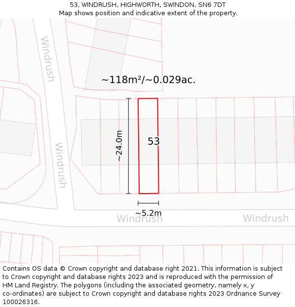 53, WINDRUSH, HIGHWORTH, SWINDON, SN6 7DT: Plot and title map