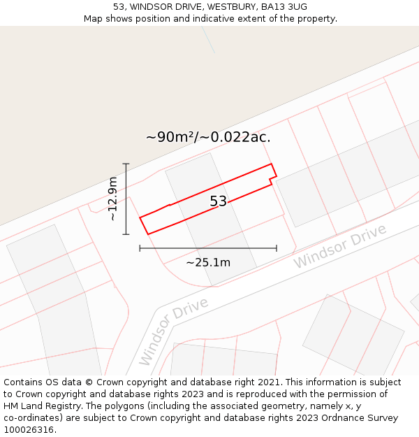 53, WINDSOR DRIVE, WESTBURY, BA13 3UG: Plot and title map