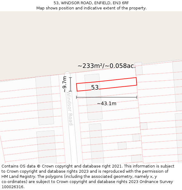 53, WINDSOR ROAD, ENFIELD, EN3 6RF: Plot and title map