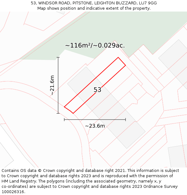 53, WINDSOR ROAD, PITSTONE, LEIGHTON BUZZARD, LU7 9GG: Plot and title map