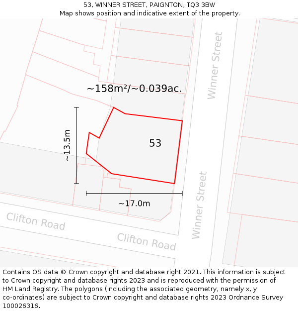 53, WINNER STREET, PAIGNTON, TQ3 3BW: Plot and title map