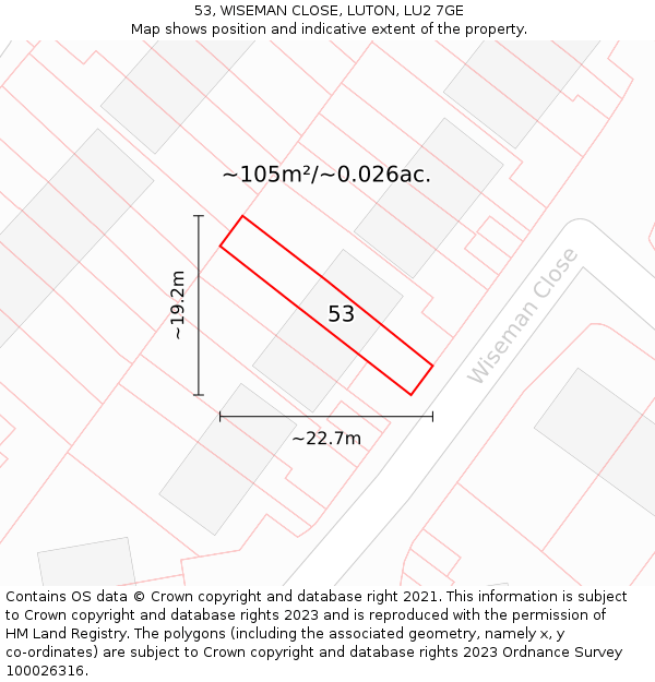 53, WISEMAN CLOSE, LUTON, LU2 7GE: Plot and title map