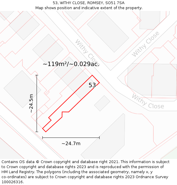 53, WITHY CLOSE, ROMSEY, SO51 7SA: Plot and title map