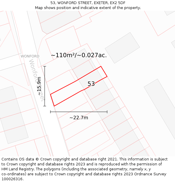 53, WONFORD STREET, EXETER, EX2 5DF: Plot and title map