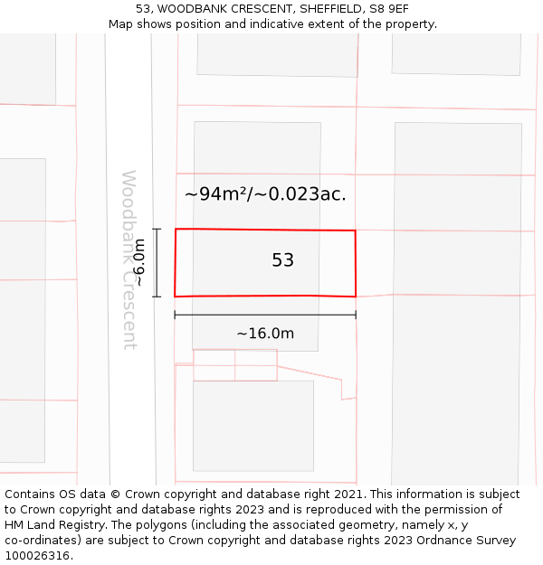 53, WOODBANK CRESCENT, SHEFFIELD, S8 9EF: Plot and title map