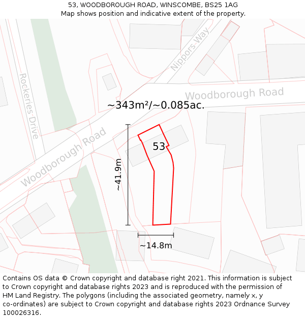 53, WOODBOROUGH ROAD, WINSCOMBE, BS25 1AG: Plot and title map