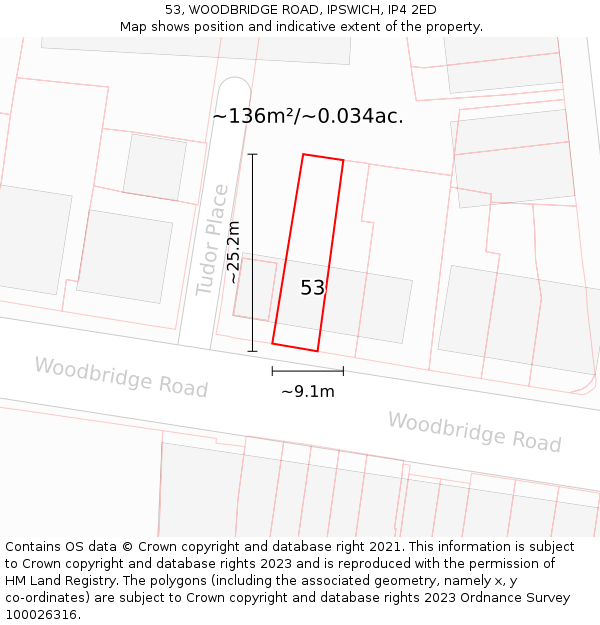 53, WOODBRIDGE ROAD, IPSWICH, IP4 2ED: Plot and title map