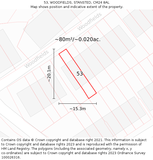 53, WOODFIELDS, STANSTED, CM24 8AL: Plot and title map