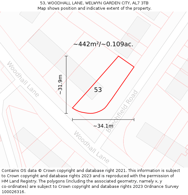 53, WOODHALL LANE, WELWYN GARDEN CITY, AL7 3TB: Plot and title map