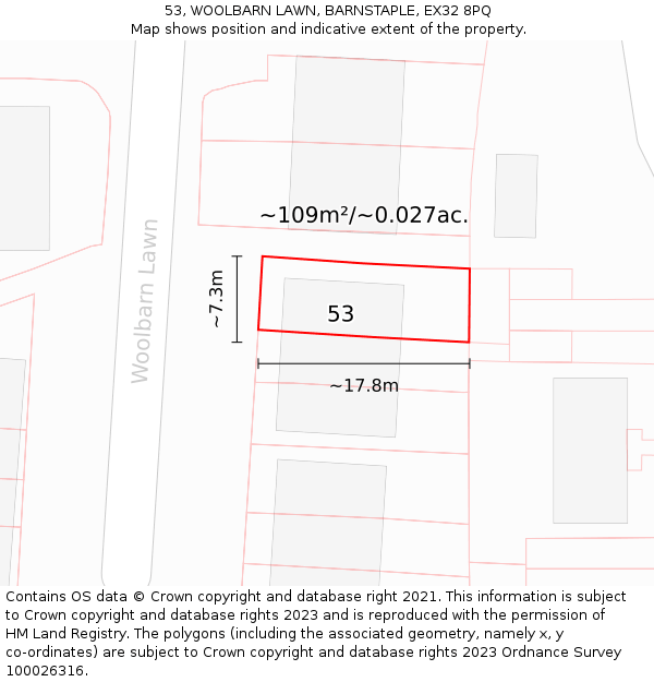 53, WOOLBARN LAWN, BARNSTAPLE, EX32 8PQ: Plot and title map