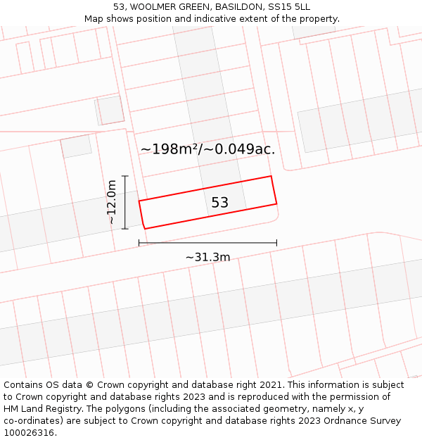 53, WOOLMER GREEN, BASILDON, SS15 5LL: Plot and title map