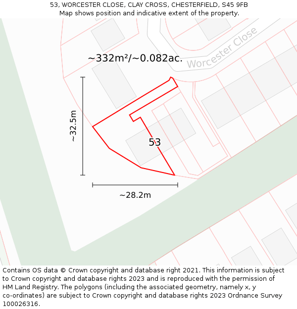 53, WORCESTER CLOSE, CLAY CROSS, CHESTERFIELD, S45 9FB: Plot and title map