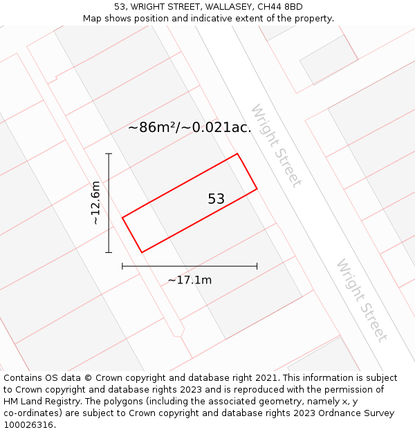 53, WRIGHT STREET, WALLASEY, CH44 8BD: Plot and title map