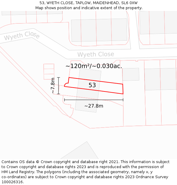 53, WYETH CLOSE, TAPLOW, MAIDENHEAD, SL6 0XW: Plot and title map