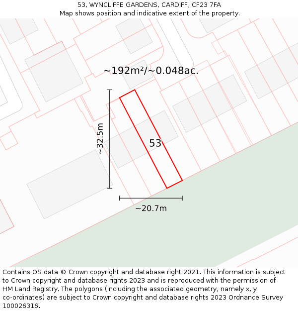 53, WYNCLIFFE GARDENS, CARDIFF, CF23 7FA: Plot and title map