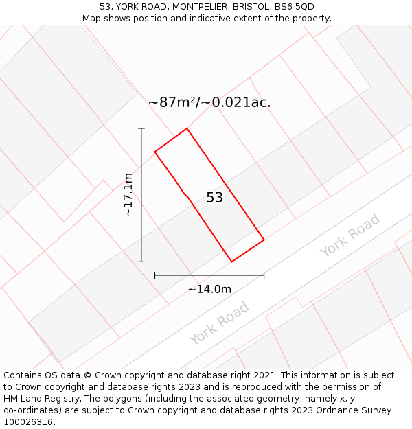 53, YORK ROAD, MONTPELIER, BRISTOL, BS6 5QD: Plot and title map
