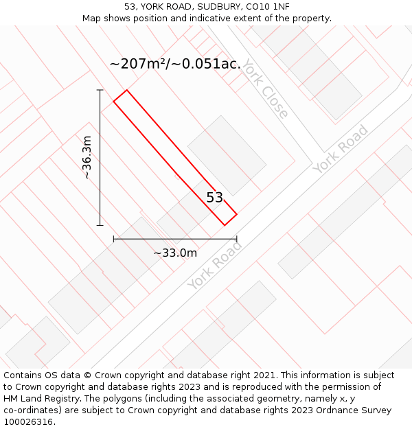 53, YORK ROAD, SUDBURY, CO10 1NF: Plot and title map