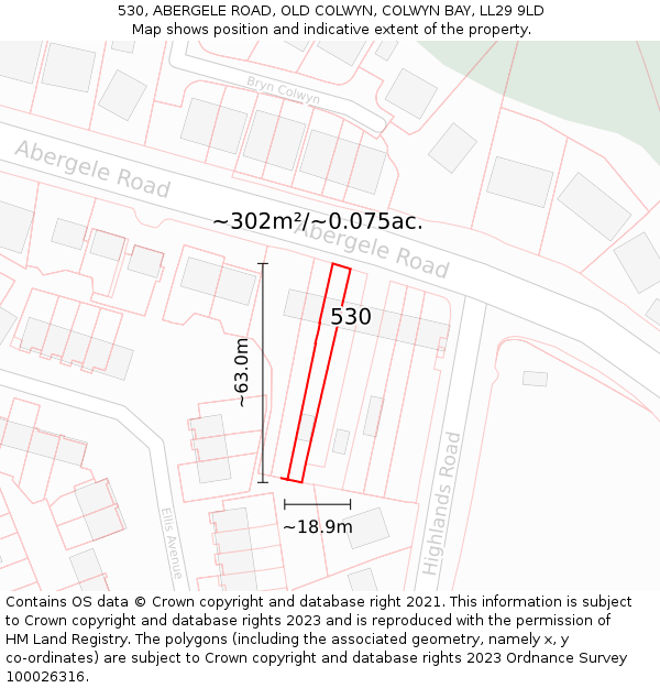 530, ABERGELE ROAD, OLD COLWYN, COLWYN BAY, LL29 9LD: Plot and title map