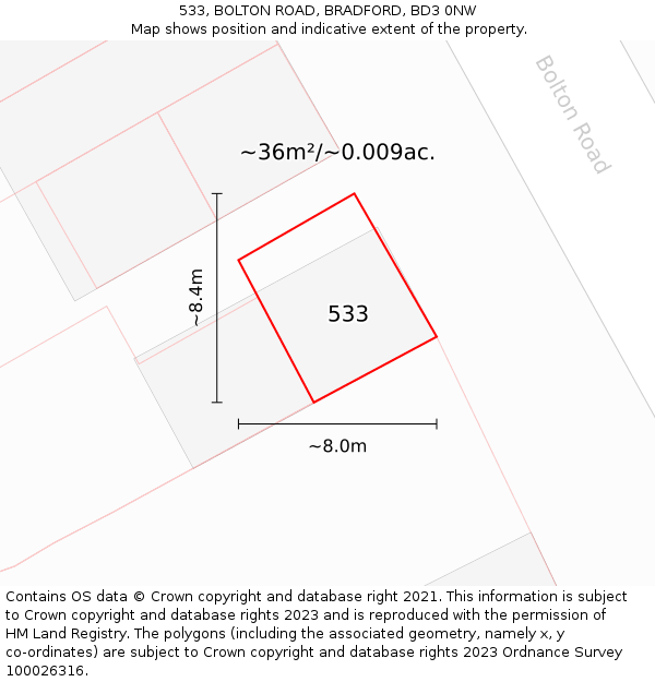 533, BOLTON ROAD, BRADFORD, BD3 0NW: Plot and title map