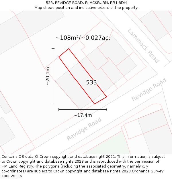 533, REVIDGE ROAD, BLACKBURN, BB1 8DH: Plot and title map