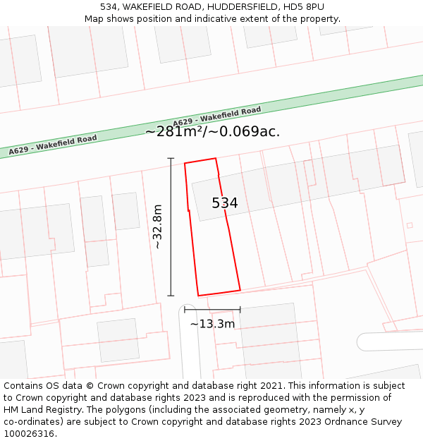 534, WAKEFIELD ROAD, HUDDERSFIELD, HD5 8PU: Plot and title map