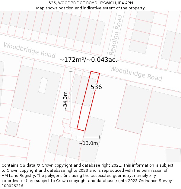 536, WOODBRIDGE ROAD, IPSWICH, IP4 4PN: Plot and title map