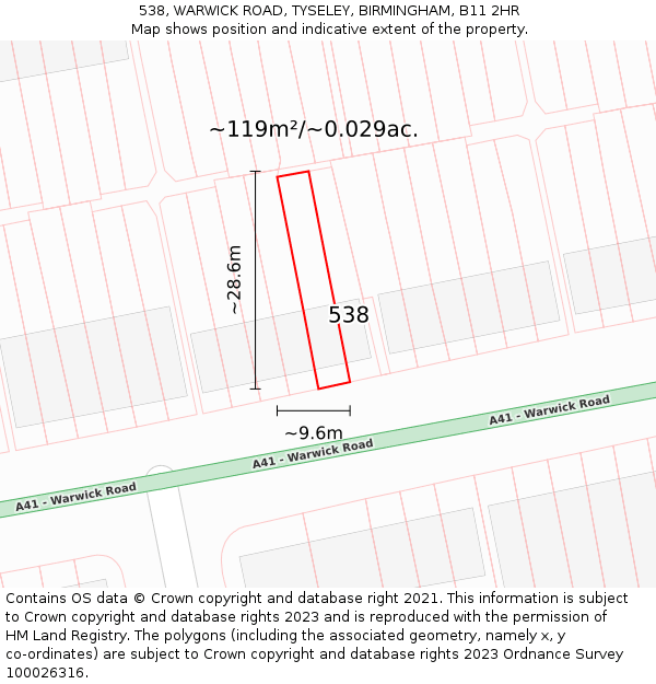 538, WARWICK ROAD, TYSELEY, BIRMINGHAM, B11 2HR: Plot and title map