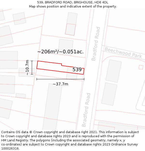539, BRADFORD ROAD, BRIGHOUSE, HD6 4DL: Plot and title map