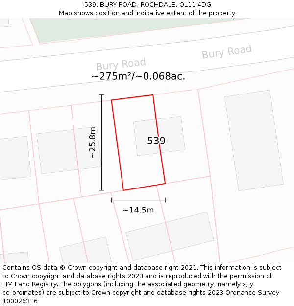 539, BURY ROAD, ROCHDALE, OL11 4DG: Plot and title map