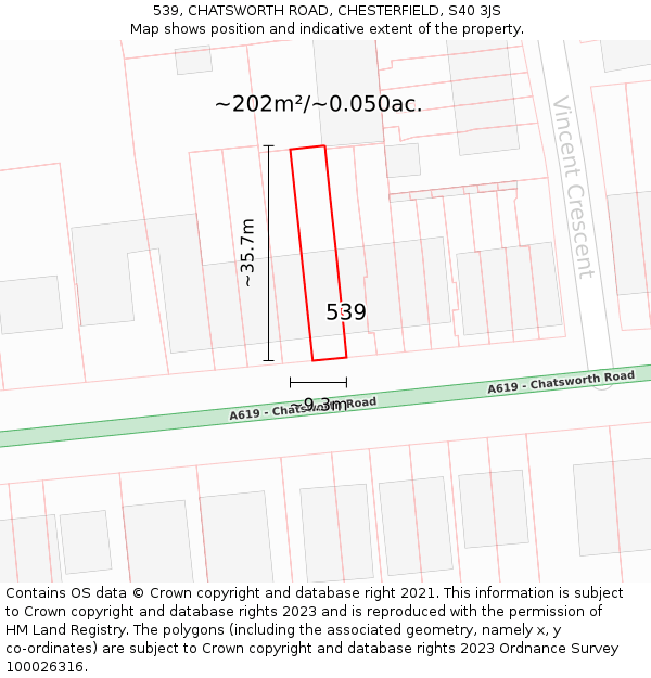 539, CHATSWORTH ROAD, CHESTERFIELD, S40 3JS: Plot and title map