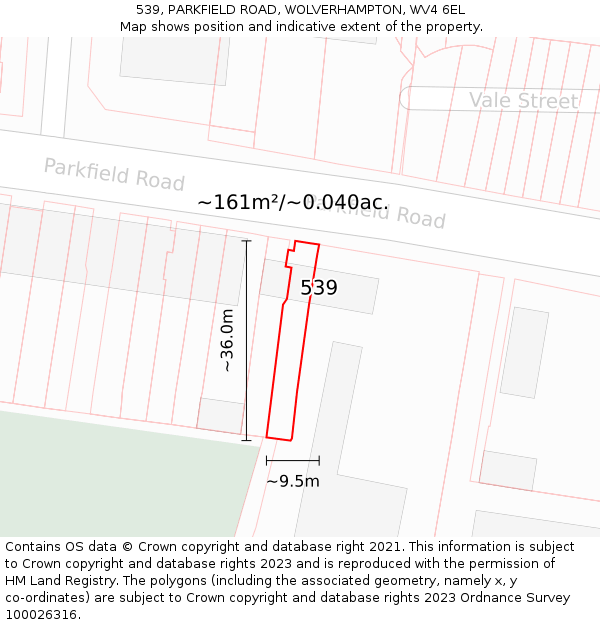 539, PARKFIELD ROAD, WOLVERHAMPTON, WV4 6EL: Plot and title map