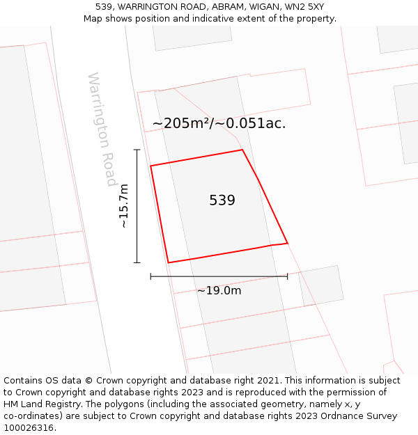 539, WARRINGTON ROAD, ABRAM, WIGAN, WN2 5XY: Plot and title map