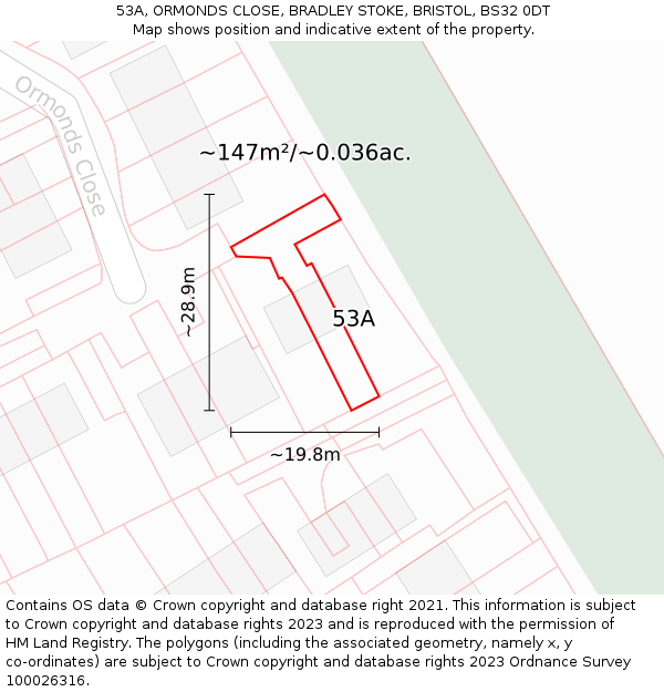 53A, ORMONDS CLOSE, BRADLEY STOKE, BRISTOL, BS32 0DT: Plot and title map