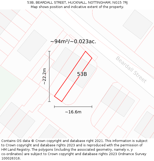 53B, BEARDALL STREET, HUCKNALL, NOTTINGHAM, NG15 7RJ: Plot and title map