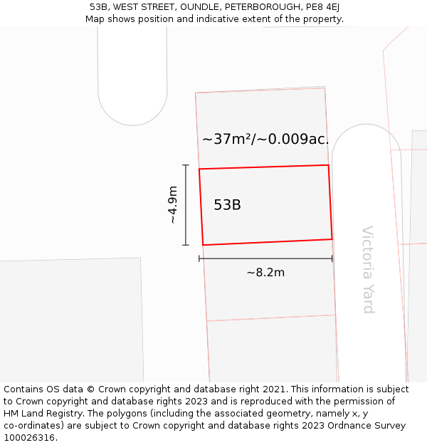 53B, WEST STREET, OUNDLE, PETERBOROUGH, PE8 4EJ: Plot and title map