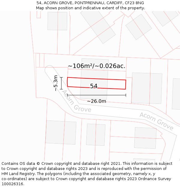 54, ACORN GROVE, PONTPRENNAU, CARDIFF, CF23 8NG: Plot and title map
