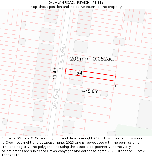 54, ALAN ROAD, IPSWICH, IP3 8EY: Plot and title map