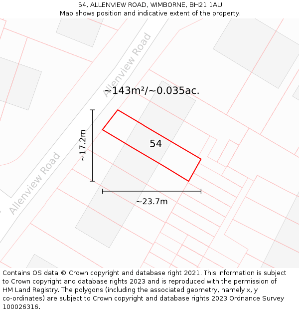 54, ALLENVIEW ROAD, WIMBORNE, BH21 1AU: Plot and title map