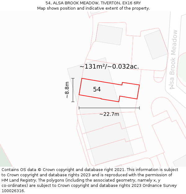 54, ALSA BROOK MEADOW, TIVERTON, EX16 6RY: Plot and title map