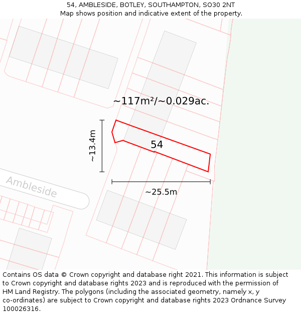 54, AMBLESIDE, BOTLEY, SOUTHAMPTON, SO30 2NT: Plot and title map