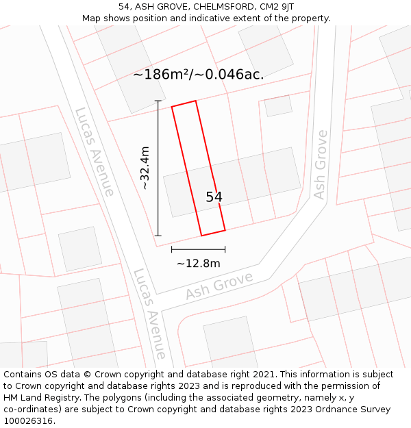 54, ASH GROVE, CHELMSFORD, CM2 9JT: Plot and title map