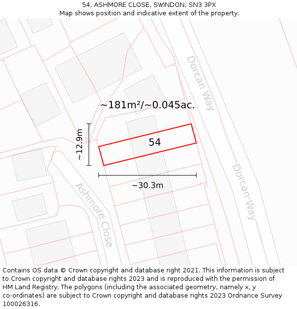 54, ASHMORE CLOSE, SWINDON, SN3 3PX: Plot and title map