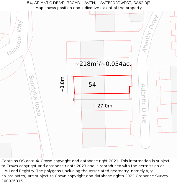 54, ATLANTIC DRIVE, BROAD HAVEN, HAVERFORDWEST, SA62 3JB: Plot and title map