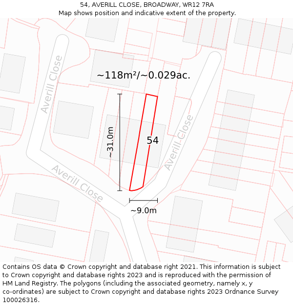 54, AVERILL CLOSE, BROADWAY, WR12 7RA: Plot and title map