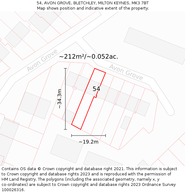 54, AVON GROVE, BLETCHLEY, MILTON KEYNES, MK3 7BT: Plot and title map