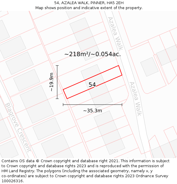 54, AZALEA WALK, PINNER, HA5 2EH: Plot and title map