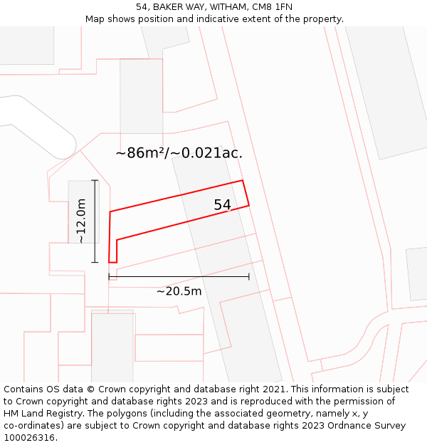 54, BAKER WAY, WITHAM, CM8 1FN: Plot and title map